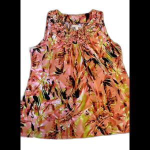 Fashion Bug Blouse Large Sleeveless Pink Orange Floral Rounded Neck + Stretch